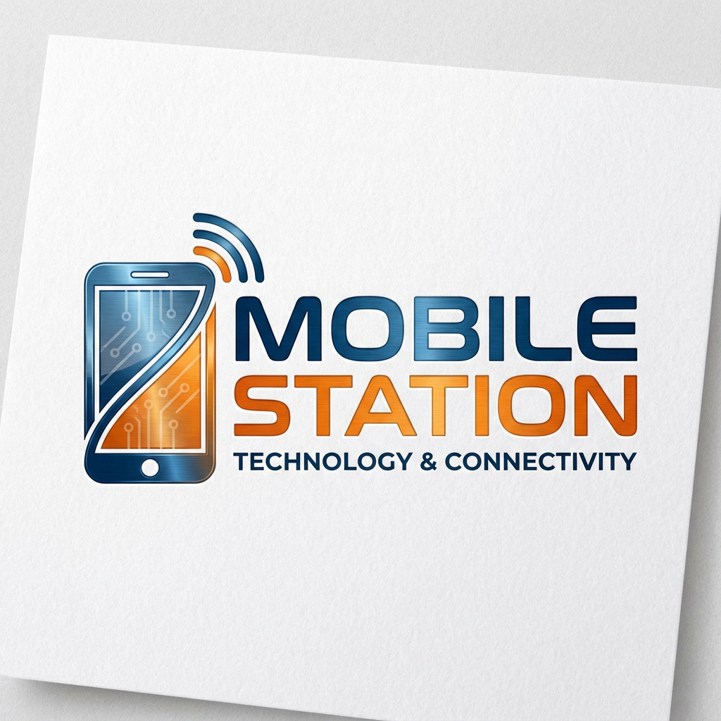 AI Design for A sleek, professional logo design for 'Mobile Station' featuring a stylized smartphone icon integrated with elegant, modern typography. The design incorporates a vibrant color palette of deep blue and energetic orange, set against a clean white background with subtle metallic gradients and sharp, minimalist lines to convey technology and connectivity.