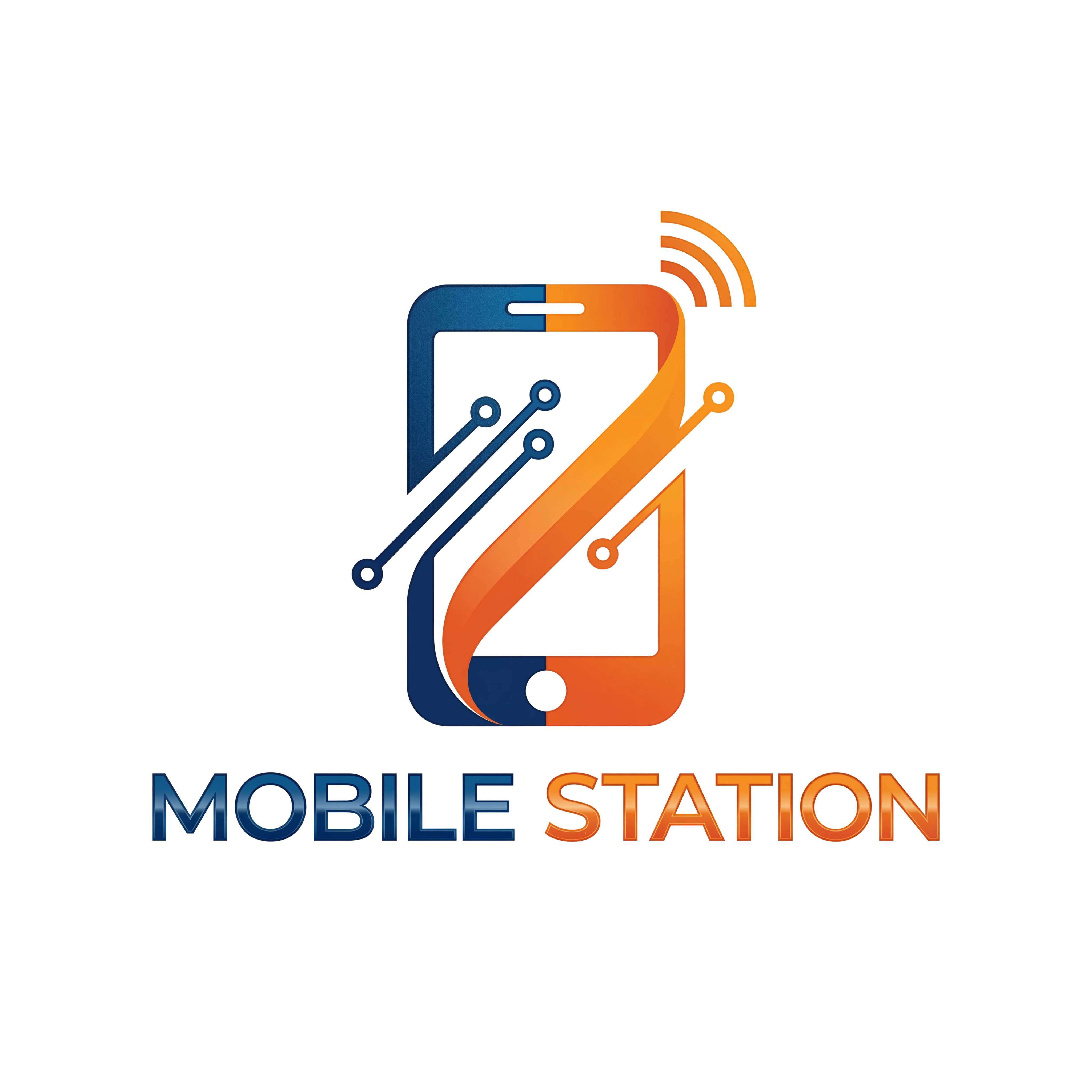 AI Design for A sleek, professional logo design for 'Mobile Station' featuring a stylized smartphone icon integrated with elegant, modern typography. The design incorporates a vibrant color palette of deep blue and energetic orange, set against a clean white background with subtle metallic gradients and sharp, minimalist lines to convey technology and connectivity.