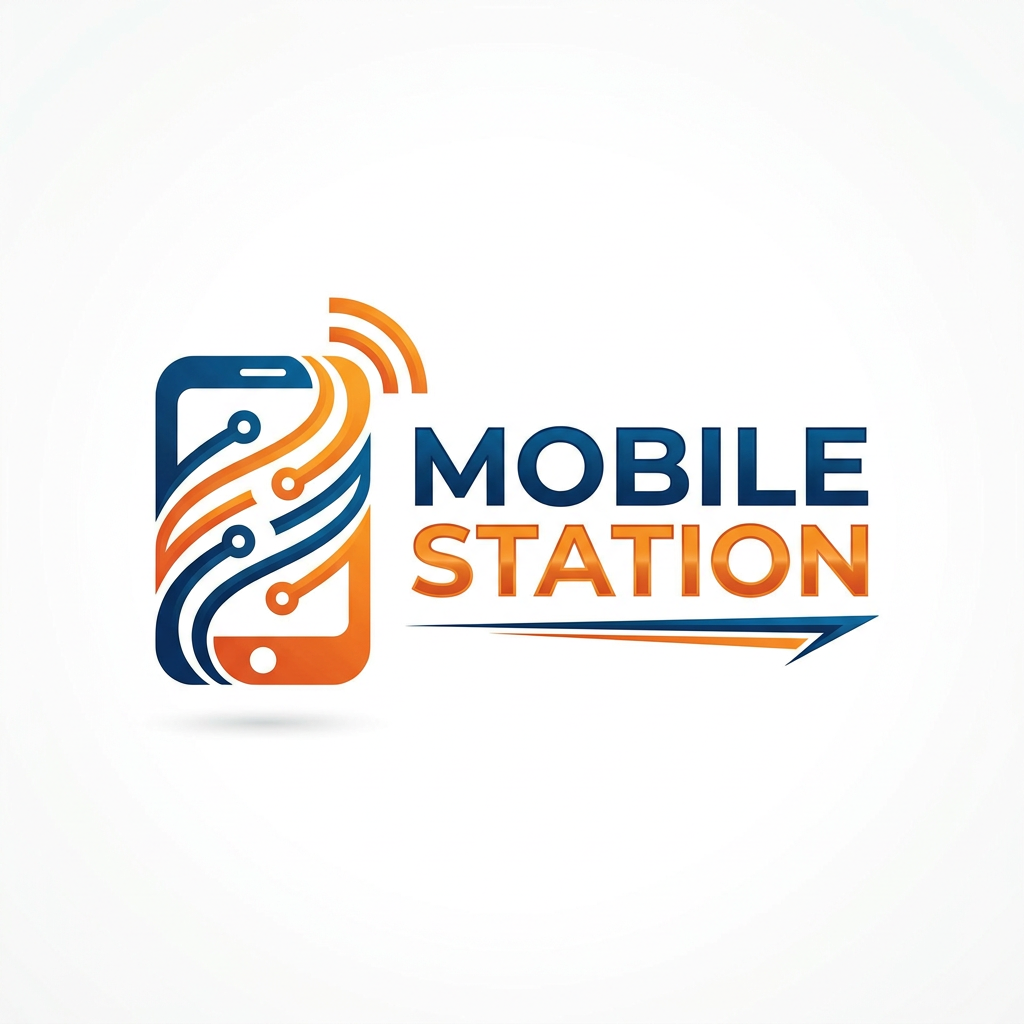 AI Design for A sleek, professional logo design for 'Mobile Station' featuring a stylized smartphone icon integrated with elegant, modern typography. The design incorporates a vibrant color palette of deep blue and energetic orange, set against a clean white background with subtle metallic gradients and sharp, minimalist lines to convey technology and connectivity.