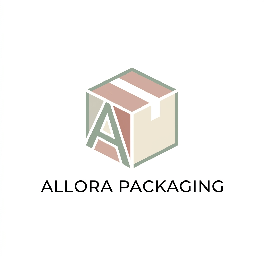 AI Design for A professional and minimalist logo design for Allora Packaging, featuring an elegant, stylized letter 'A' cleverly integrated into the geometric silhouette of a shipping box. The aesthetic is clean and modern, utilizing a soft, sophisticated pastel color palette of muted sage, dusty rose, and creamy beige. The design should be vector-style, balanced, and versatile for use on custom packaging materials, set against a pristine white background.