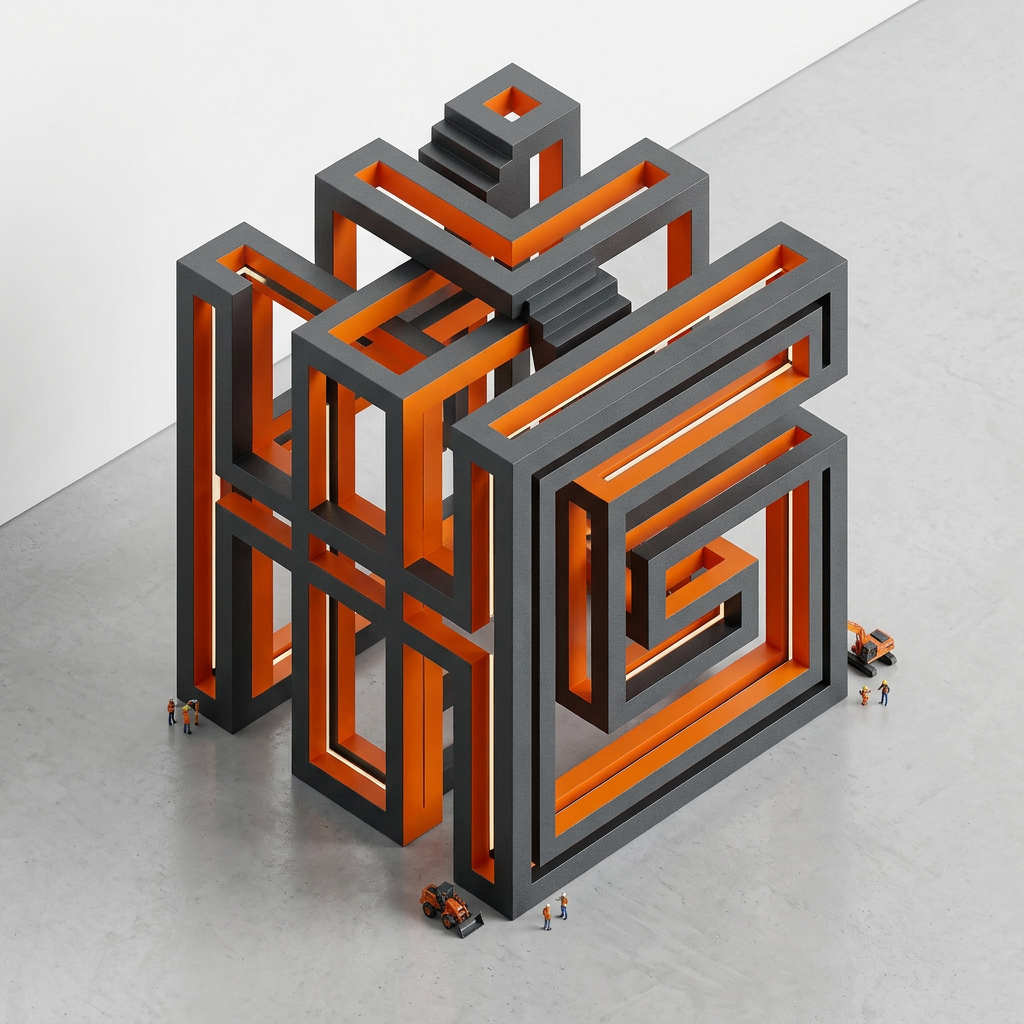 AI Design for upscale the image so that it should look like gomentric 3d monogram logo capital Letter "H" and "G" Constructured as an angular hollow structure made from tick extruded bard forming an impossible style cub illusion as a construction logo.