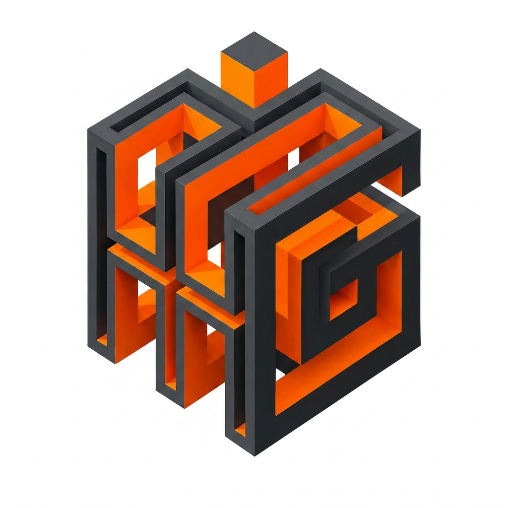 AI Design for Create a modern geometric 3D monogram logo featuring a bold, interlocking capital letter H left side and G in the right side . The H and G is constructed as an angular, hollow structure made from thick extruded bars, forming an impossible-style cube illusion. The outer frame uses dark graphite gray with beveled edges and subtle shadows, while the inner faces are vibrant orange. The letter H and G are not a traditional curved shape; instead, it is built from sharp rectangular segments and connected pathways that wrap around the cube structure, creating a continuous maze-like flow. The H and G appears integrated into an isometric cube, with open gaps and negative space defining its shape. Strong depth, clean symmetry, futuristic industrial style, minimalistic branding aesthetic, high contrast, smooth 3D rendering on a light background.”
Specific description of the H and G
“The left side H and right side G are represented as a segmented angular form rather than a rounded letter. It starts as a thick rectangular frame, bends inward at 90-degree angles, and uses negative space to create the central opening of the H AND G one side . The shape loops through the cube faces, making the H AND G appear embedded and interconnected with the surrounding geometry, giving a sophisticated optical illusion effect.” only single "H" and Single "G" Should appear clearly