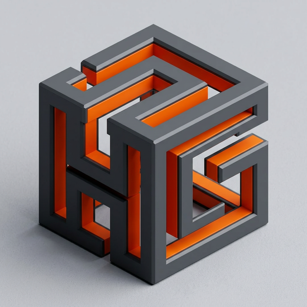AI Design for Create a modern geometric 3D monogram logo featuring a bold, interlocking capital letter H left side and G in the right side . The H and G is constructed as an angular, hollow structure made from thick extruded bars, forming an impossible-style cube illusion. The outer frame uses dark graphite gray with beveled edges and subtle shadows, while the inner faces are vibrant orange. The letter H and G are not a traditional curved shape; instead, it is built from sharp rectangular segments and connected pathways that wrap around the cube structure, creating a continuous maze-like flow. The H and G appears integrated into an isometric cube, with open gaps and negative space defining its shape. Strong depth, clean symmetry, futuristic industrial style, minimalistic branding aesthetic, high contrast, smooth 3D rendering on a light background.”
Specific description of the H and G
“The left side H and right side G are represented as a segmented angular form rather than a rounded letter. It starts as a thick rectangular frame, bends inward at 90-degree angles, and uses negative space to create the central opening of the H AND G one side . The shape loops through the cube faces, making the H AND G appear embedded and interconnected with the surrounding geometry, giving a sophisticated optical illusion effect.” only single "H" and Single "G" Should appear clearly