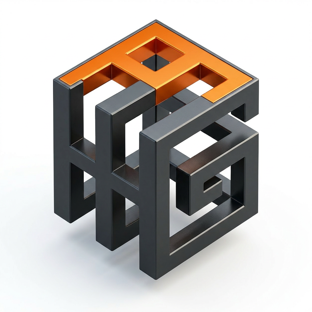 AI Design for upscale the image so that it should look like gomentric 3d monogram logo capital Letter "H" and "G" Constructured as an angular hollow structure made from tick extruded bard forming an impossible style cub illusion.