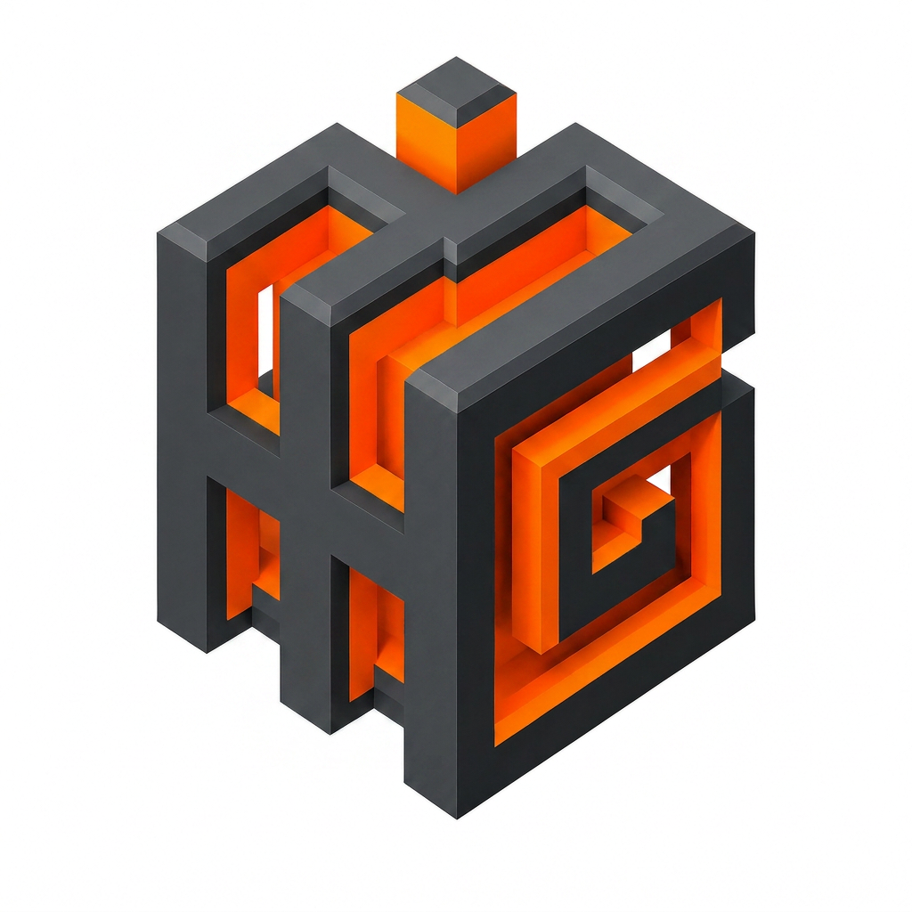 AI Design for Create a modern geometric 3D monogram logo featuring a bold, interlocking capital letter H left side and G in the right side . The H and G is constructed as an angular, hollow structure made from thick extruded bars, forming an impossible-style cube illusion. The outer frame uses dark graphite gray with beveled edges and subtle shadows, while the inner faces are vibrant orange. The letter H and G are not a traditional curved shape; instead, it is built from sharp rectangular segments and connected pathways that wrap around the cube structure, creating a continuous maze-like flow. The H and G appears integrated into an isometric cube, with open gaps and negative space defining its shape. Strong depth, clean symmetry, futuristic industrial style, minimalistic branding aesthetic, high contrast, smooth 3D rendering on a light background.”
Specific description of the H and G
“The left side H and right side G are represented as a segmented angular form rather than a rounded letter. It starts as a thick rectangular frame, bends inward at 90-degree angles, and uses negative space to create the central opening of the H AND G one side . The shape loops through the cube faces, making the H AND G appear embedded and interconnected with the surrounding geometry, giving a sophisticated optical illusion effect.”