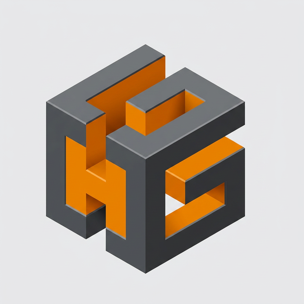 AI Design for First image is base image for structure, and second image the arrangement of letter Create a modern geometric 3D monogram logo featuring a bold, interlocking capital letter H left side and G in the right side . The H and G is constructed as an angular, hollow structure made from thick extruded bars, forming an impossible-style cube illusion. The outer frame uses dark graphite gray with beveled edges and subtle shadows, while the inner faces are vibrant orange. The letter H and G are not a traditional curved shape; instead, it is built from sharp rectangular segments and connected pathways that wrap around the cube structure, creating a continuous maze-like flow. The H and G appears integrated into an isometric cube, with open gaps and negative space defining its shape. Strong depth, clean symmetry, futuristic industrial style, minimalistic branding aesthetic, high contrast, smooth 3D rendering on a light background.”
Specific description of the H and G
“The left side H and right side G are represented as a segmented angular form rather than a rounded letter. It starts as a thick rectangular frame, bends inward at 90-degree angles, and uses negative space to create the central opening of the H AND G one side . The shape loops through the cube faces, making the H AND G appear embedded and interconnected with the surrounding geometry, giving a sophisticated optical illusion effect.”