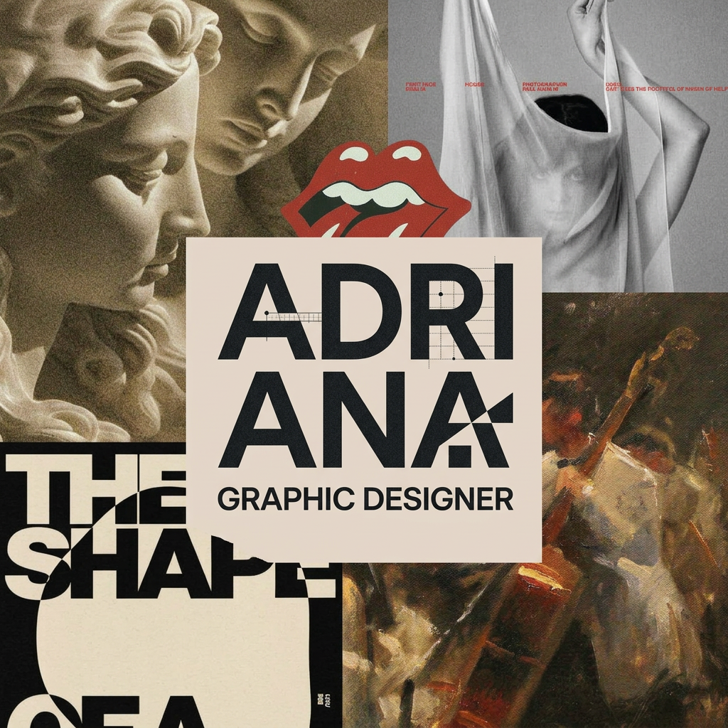 AI Design for devo creare un logo di me stessa, come graphic designer, la mia moodboard è questa. pensavo ad un lettering bastoni, moderno che componga in qualche modo il mio nome: adriana