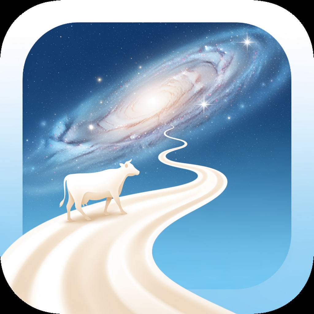 AI Design for i want an app logo for the app name "MilkyWay" and it is a milk collecting app do some research and gve me the best applicable logo for this app. you can try by your visualization. remember you should not mention app name in logo and just by viewing logo people can realize immediatly that this app is for milk collection app . you can try like cow is waling on the road of milk and the destiny is (in the end) milkway galaxy like this you can try your different ideas for the better taxture