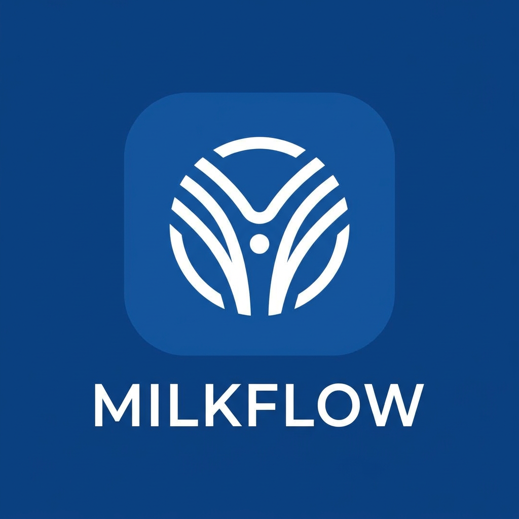 AI Design for A minimalist, iconic logo for a milk collection platform, featuring a geometric symbol where multiple smooth white streams converge into a singular, balanced central point. The design utilizes sharp symmetry and sophisticated negative space to suggest both a high-tech digital network and the fluid movement of milk. Rendered in a clean, professional aesthetic on a solid background to convey trust, accuracy, and streamlined organization, adhering to modern app-icon simplicity.