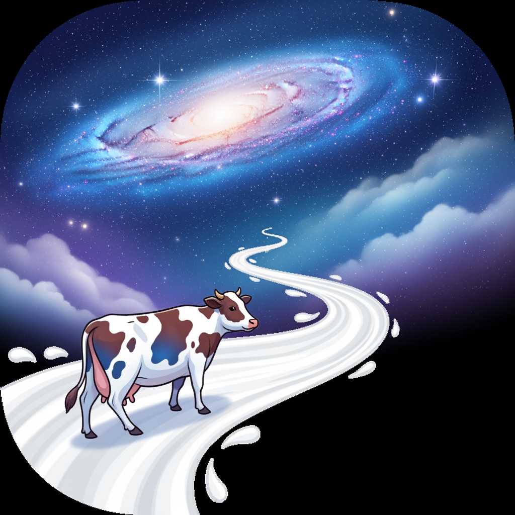 AI Design for i want an app logo for the app name "MilkyWay" and it is a milk collecting app do some research and gve me the best applicable logo for this app. you can try by your visualization. remember you should not mention app name in logo and just by viewing logo people can realize immediatly that this app is for milk collection app . you can try like cow is waling on the road of milk and the destiny is (in the end) milkway galaxy