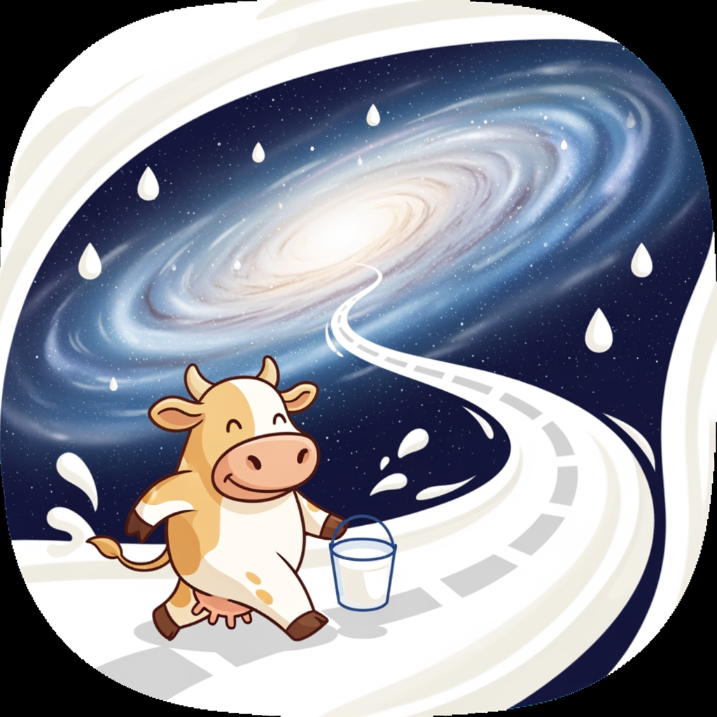 AI Design for i want an app logo for the app name "MilkyWay" and it is a milk collecting app do some research and gve me the best applicable logo for this app. you can try by your visualization. remember you should not mention app name in logo and just by viewing logo people can realize immediatly that this app is for milk collection app . you can try like cow is waling on the road of milk and the destiny is (in the end) milkway galaxy