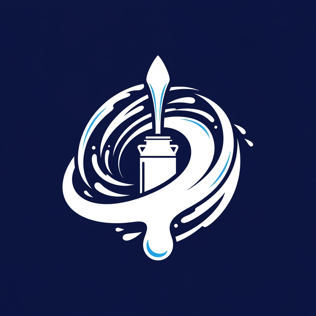 AI Design for Design an iconic logo for a dairy technology platform called "MilkyWay". Create a circular galaxy shape made entirely from flowing milk. The outer orbit should subtly transform into a milk droplet while the galaxy core forms a simple collection tank or milk can silhouette. Use elegant negative space techniques, modern minimalism, geometric precision, perfect symmetry, flat vector artwork, world-class startup branding, instantly understandable dairy identity, memorable app icon design. Focus on simplicity similar to top technology brands. Colors: pure white, navy blue, and a small touch of sky blue. No text, no mascot, no cows, no farms, no complicated details, no realistic effects.