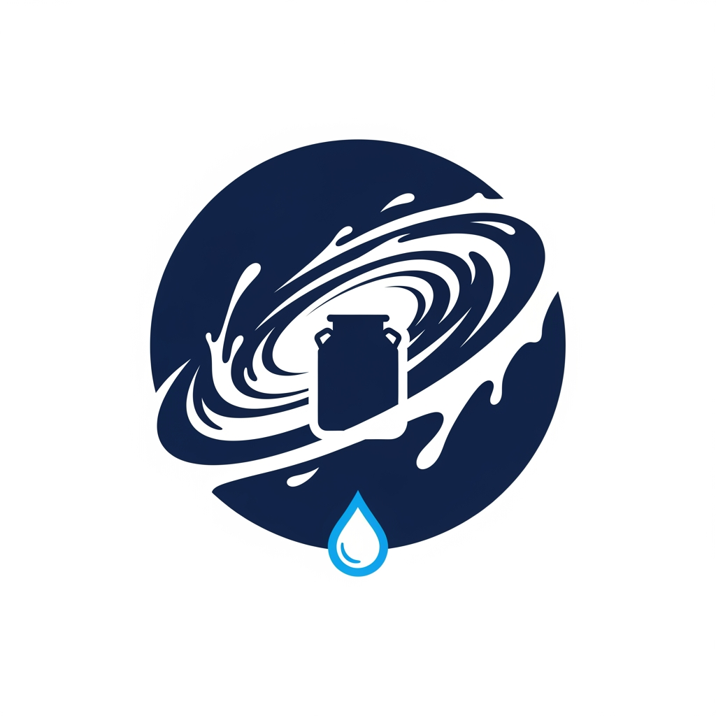 AI Design for Design an iconic logo for a dairy technology platform called "MilkyWay". Create a circular galaxy shape made entirely from flowing milk. The outer orbit should subtly transform into a milk droplet while the galaxy core forms a simple collection tank or milk can silhouette. Use elegant negative space techniques, modern minimalism, geometric precision, perfect symmetry, flat vector artwork, world-class startup branding, instantly understandable dairy identity, memorable app icon design. Focus on simplicity similar to top technology brands. Colors: pure white, navy blue, and a small touch of sky blue. No text, no mascot, no cows, no farms, no complicated details, no realistic effects.