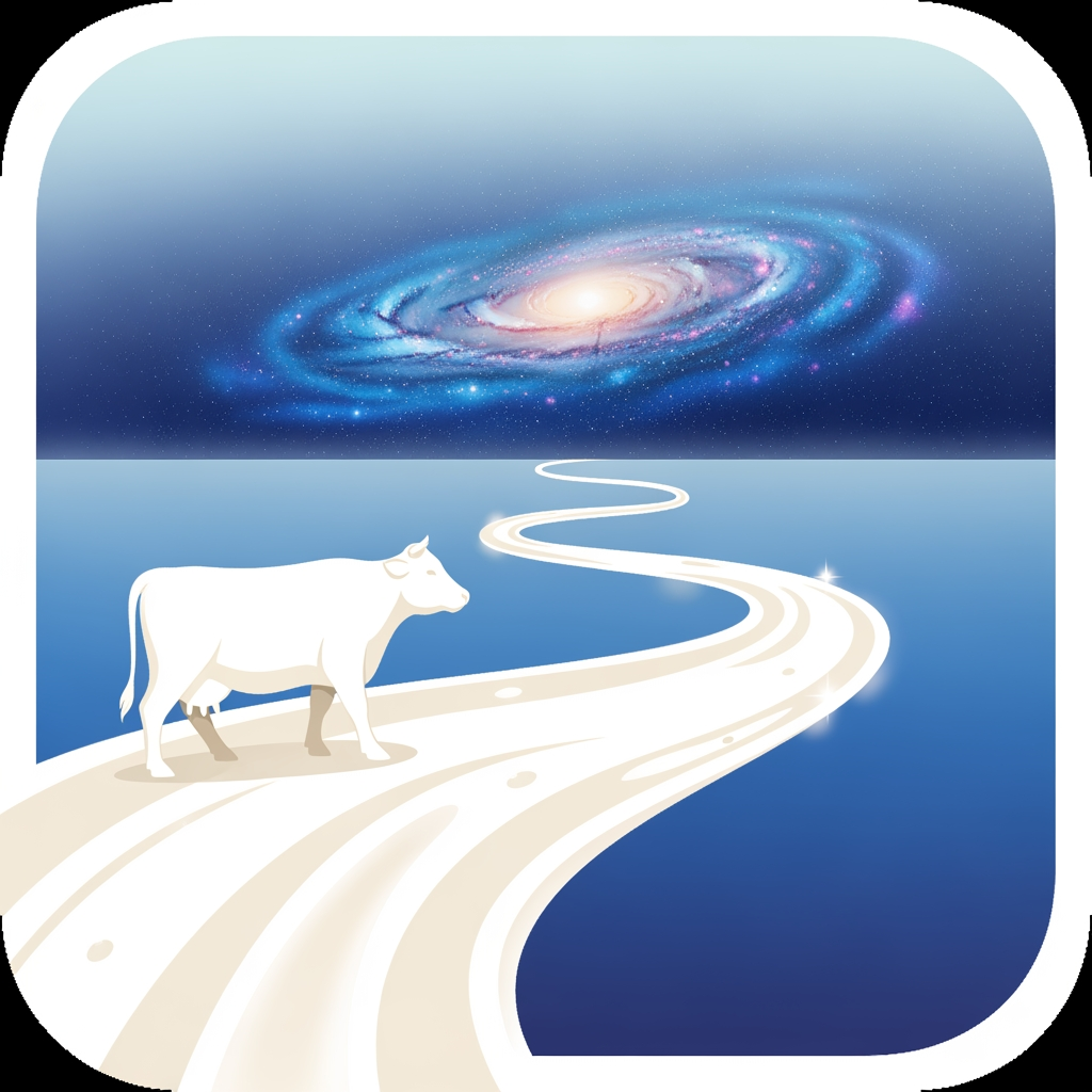 AI Design for i want an app logo for the app name "MilkyWay" and it is a milk collecting app do some research and gve me the best applicable logo for this app. you can try by your visualization. remember you should not mention app name in logo and just by viewing logo people can realize immediatly that this app is for milk collection app . you can try like cow is waling on the road of milk and the destiny is (in the end) milkway galaxy like this you can try your different ideas for the better taxture