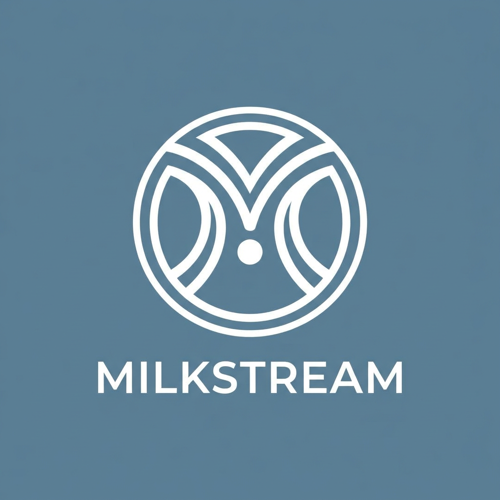 AI Design for A minimalist, iconic logo for a milk collection platform, featuring a geometric symbol where multiple smooth white streams converge into a singular, balanced central point. The design utilizes sharp symmetry and sophisticated negative space to suggest both a high-tech digital network and the fluid movement of milk. Rendered in a clean, professional aesthetic on a solid background to convey trust, accuracy, and streamlined organization, adhering to modern app-icon simplicity.