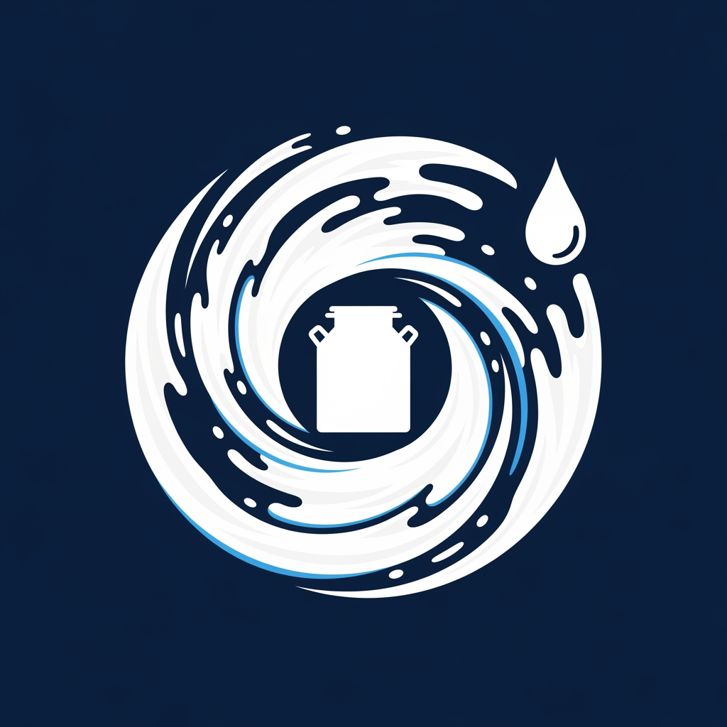 AI Design for Design an iconic logo for a dairy technology platform called "MilkyWay". Create a circular galaxy shape made entirely from flowing milk. The outer orbit should subtly transform into a milk droplet while the galaxy core forms a simple collection tank or milk can silhouette. Use elegant negative space techniques, modern minimalism, geometric precision, perfect symmetry, flat vector artwork, world-class startup branding, instantly understandable dairy identity, memorable app icon design. Focus on simplicity similar to top technology brands. Colors: pure white, navy blue, and a small touch of sky blue. No text, no mascot, no cows, no farms, no complicated details, no realistic effects.