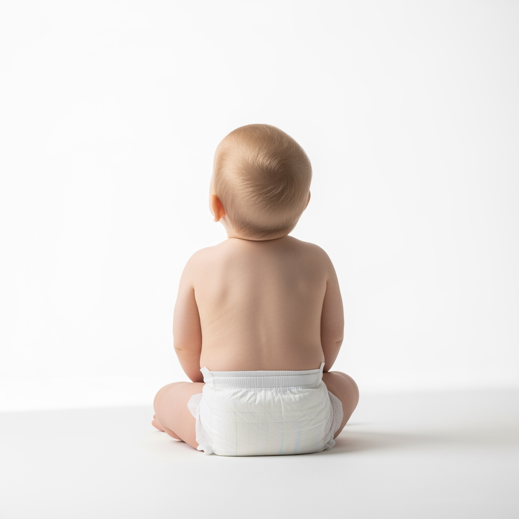 AI Design for Ultra-realistic professional studio photograph of a 1-year-old baby sitting on the floor, viewed from behind. The baby's face is completely hidden and not visible to the camera. The baby is looking upward. Wearing only a clean white diaper. Pure white seamless background, white studio floor, high-key photography, soft even studio lighting, natural body proportions, realistic skin texture, photorealistic, DSLR camera quality, ultra-detailed, sharp focus, 4K, authentic and innocent atmosphere. Face not visible, back view only, no facial features shown, camera positioned behind the baby. Minimalist composition, isolated subject, no toys, no furniture, no text, no watermark.
