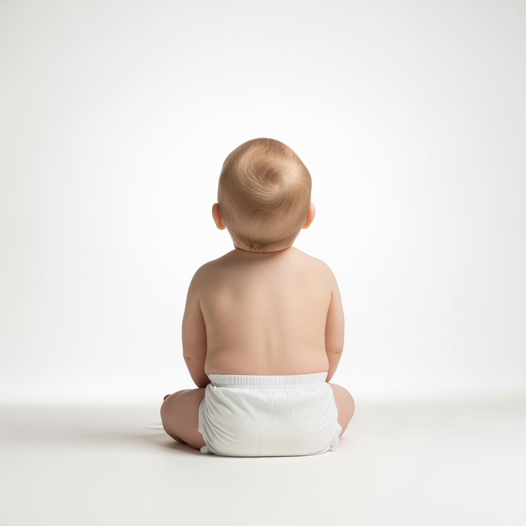 AI Design for Ultra-realistic professional studio photograph of a 1-year-old baby sitting on the floor, viewed from behind. The baby's face is completely hidden and not visible to the camera. The baby is looking upward. Wearing only a clean white diaper. Pure white seamless background, white studio floor, high-key photography, soft even studio lighting, natural body proportions, realistic skin texture, photorealistic, DSLR camera quality, ultra-detailed, sharp focus, 4K, authentic and innocent atmosphere. Face not visible, back view only, no facial features shown, camera positioned behind the baby. Minimalist composition, isolated subject, no toys, no furniture, no text, no watermark.