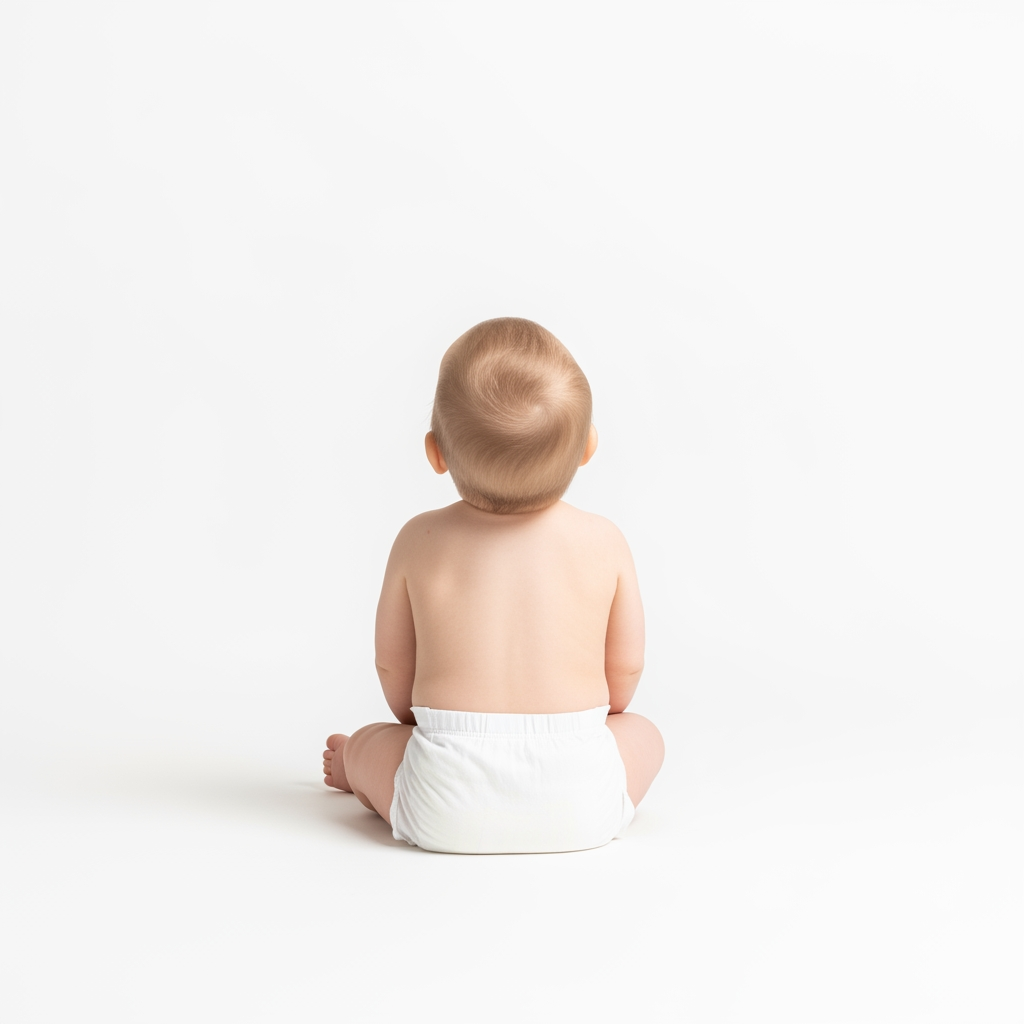 AI Design for Ultra-realistic professional studio photograph of a 1-year-old baby sitting on the floor, viewed from behind. The baby's face is completely hidden and not visible to the camera. The baby is looking upward. Wearing only a clean white diaper. Pure white seamless background only, pure white studio floor, isolated subject, completely shadowless lighting, no shadows anywhere, no gradients, no reflections, no texture on the background, solid pure white (#FFFFFF) background, high-key studio photography. Natural body proportions, realistic skin texture, photorealistic, ultra-detailed, sharp focus, DSLR camera quality, 4K. Face not visible, back view only, no facial features shown, camera positioned behind the baby. Minimalist composition, no toys, no furniture, no props, no text, no watermark.