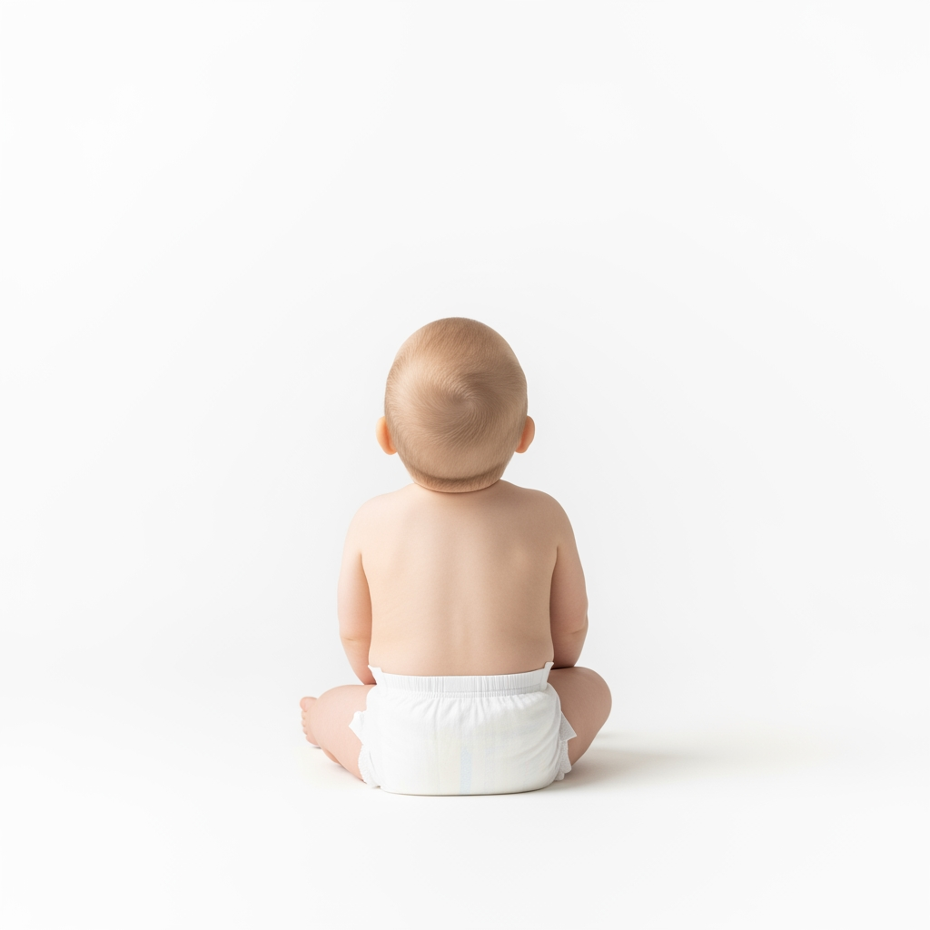 AI Design for Ultra-realistic professional studio photograph of a 1-year-old baby sitting on the floor, viewed from behind. The baby's face is completely hidden and not visible to the camera. The baby is looking upward. Wearing only a clean white diaper. Pure white seamless background only, pure white studio floor, isolated subject, completely shadowless lighting, no shadows anywhere, no gradients, no reflections, no texture on the background, solid pure white (#FFFFFF) background, high-key studio photography. Natural body proportions, realistic skin texture, photorealistic, ultra-detailed, sharp focus, DSLR camera quality, 4K. Face not visible, back view only, no facial features shown, camera positioned behind the baby. Minimalist composition, no toys, no furniture, no props, no text, no watermark.