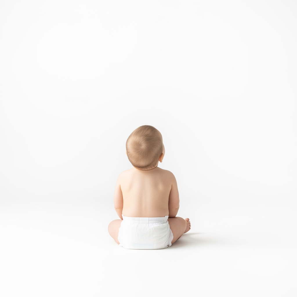 AI Design for Ultra-realistic professional studio photograph of a 1-year-old baby sitting on the floor, viewed from behind. The baby's face is completely hidden and not visible to the camera. The baby is looking upward. Wearing only a clean white diaper. Pure white seamless background only, pure white studio floor, isolated subject, completely shadowless lighting, no shadows anywhere, no gradients, no reflections, no texture on the background, solid pure white (#FFFFFF) background, high-key studio photography. Natural body proportions, realistic skin texture, photorealistic, ultra-detailed, sharp focus, DSLR camera quality, 4K. Face not visible, back view only, no facial features shown, camera positioned behind the baby. Minimalist composition, no toys, no furniture, no props, no text, no watermark.