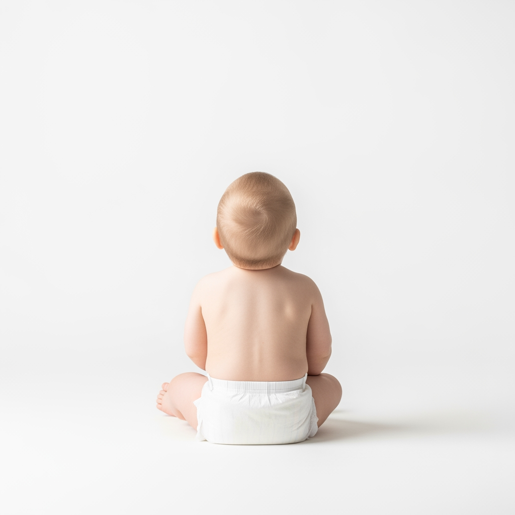 AI Design for Ultra-realistic professional studio photograph of a 1-year-old baby sitting on the floor, viewed from behind. The baby's face is completely hidden and not visible to the camera. The baby is looking upward. Wearing only a clean white diaper. Pure white seamless background, white studio floor, high-key photography, soft even studio lighting, natural body proportions, realistic skin texture, photorealistic, DSLR camera quality, ultra-detailed, sharp focus, 4K, authentic and innocent atmosphere. Face not visible, back view only, no facial features shown, camera positioned behind the baby. Minimalist composition, isolated subject, no toys, no furniture, no text, no watermark.