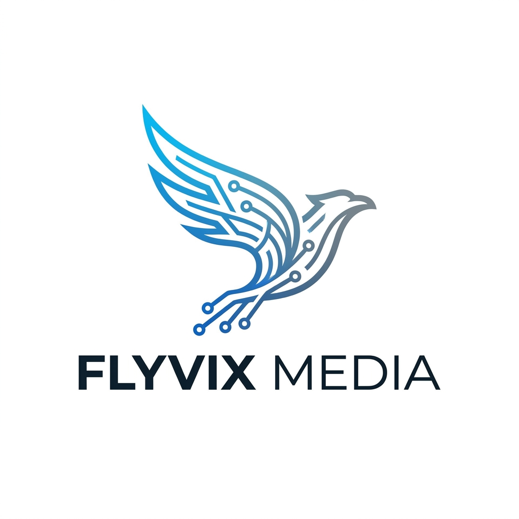 AI Design for A professional, minimalist logo design for a social media agency named Flyvix Media. The concept should feature a stylized, abstract bird or wing motif integrated with digital connectivity lines, rendered in a clean, modern vector style with a sophisticated gradient of electric blue and slate grey on a crisp white background.