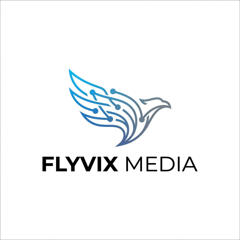 AI Design for A professional, minimalist logo design for a social media agency named Flyvix Media. The concept should feature a stylized, abstract bird or wing motif integrated with digital connectivity lines, rendered in a clean, modern vector style with a sophisticated gradient of electric blue and slate grey on a crisp white background.