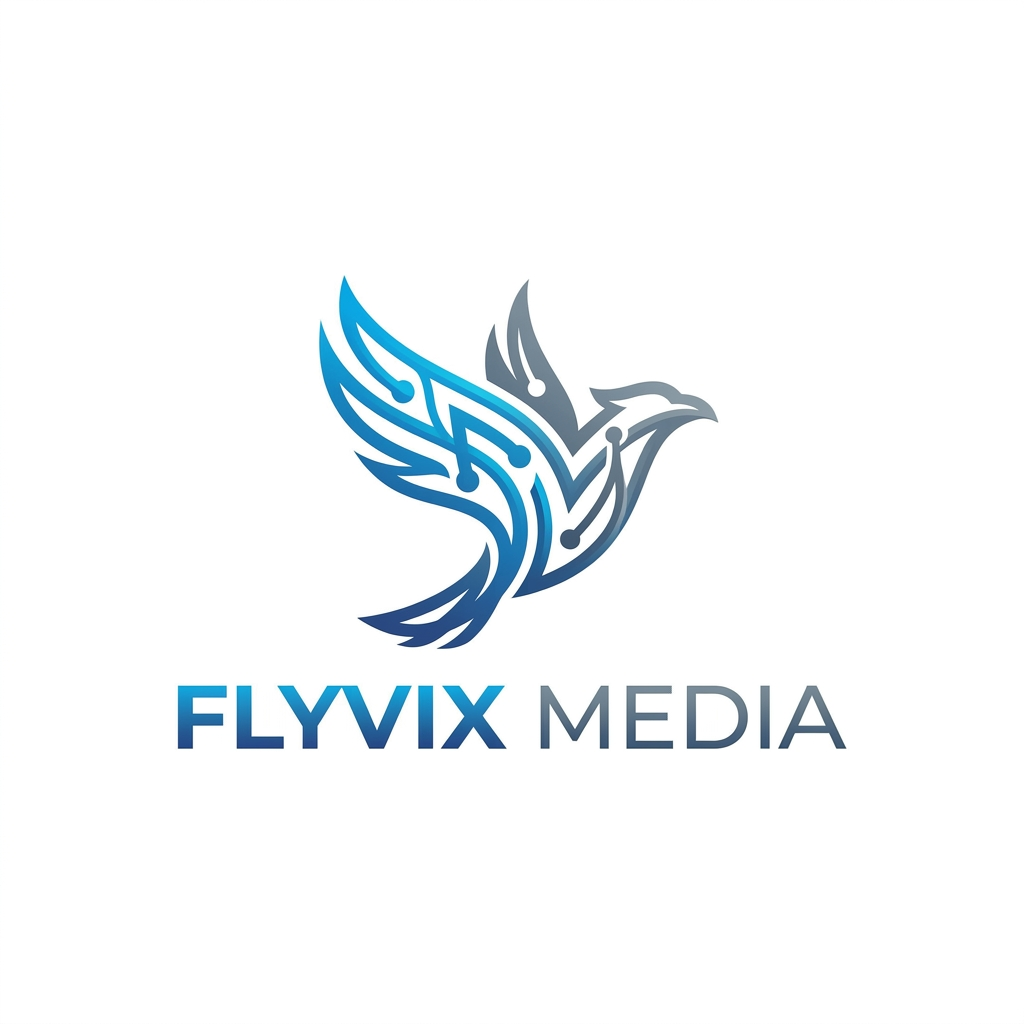 AI Design for A professional, minimalist logo design for a social media agency named Flyvix Media. The concept should feature a stylized, abstract bird or wing motif integrated with digital connectivity lines, rendered in a clean, modern vector style with a sophisticated gradient of electric blue and slate grey on a crisp white background.
