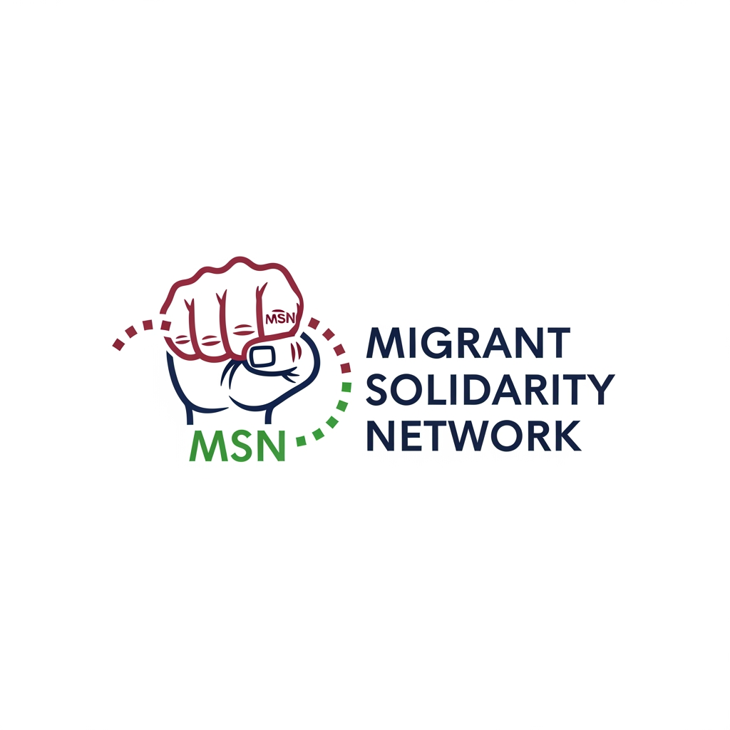 AI Design for a logo for migrant solidarity network - we work on migrant issues also called MSN- something more minimalist please - can be tracing along dotted lines - simple - can use the activist workers fist -
remove the MSN on the nails - use maroon dark ish blue white and green as the colours - sober pastel