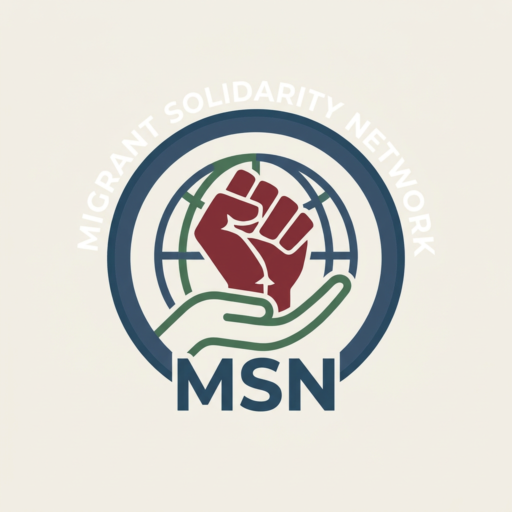 AI Design for a logo for migrant solidarity network - we work on migrant issues also called MSN- something more minimalist please - can use the activist workers fist -
remove the MSN on the nails - colours that can be used deep red dark ish blue white and green as the colours - sober pastel - has to be simple