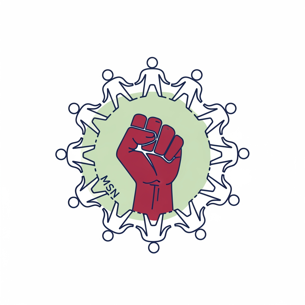 AI Design for a logo for migrant solidarity network - we work on migrant issues also called MSN- something more minimalist please - can be tracing along dotted lines - line art of people around the fist- simple - can use the activist workers fist -
remove the MSN on the nails - use maroon dark ish blue white and green as the colours - sober pastel