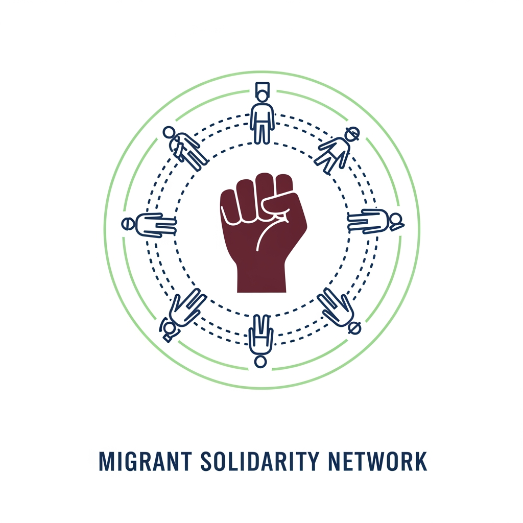 AI Design for a logo for migrant solidarity network - we work on migrant issues also called MSN- something more minimalist please - can be tracing along dotted lines - line art of people around the fist- simple - can use the activist workers fist -
remove the MSN on the nails - use maroon dark ish blue white and green as the colours - sober pastel