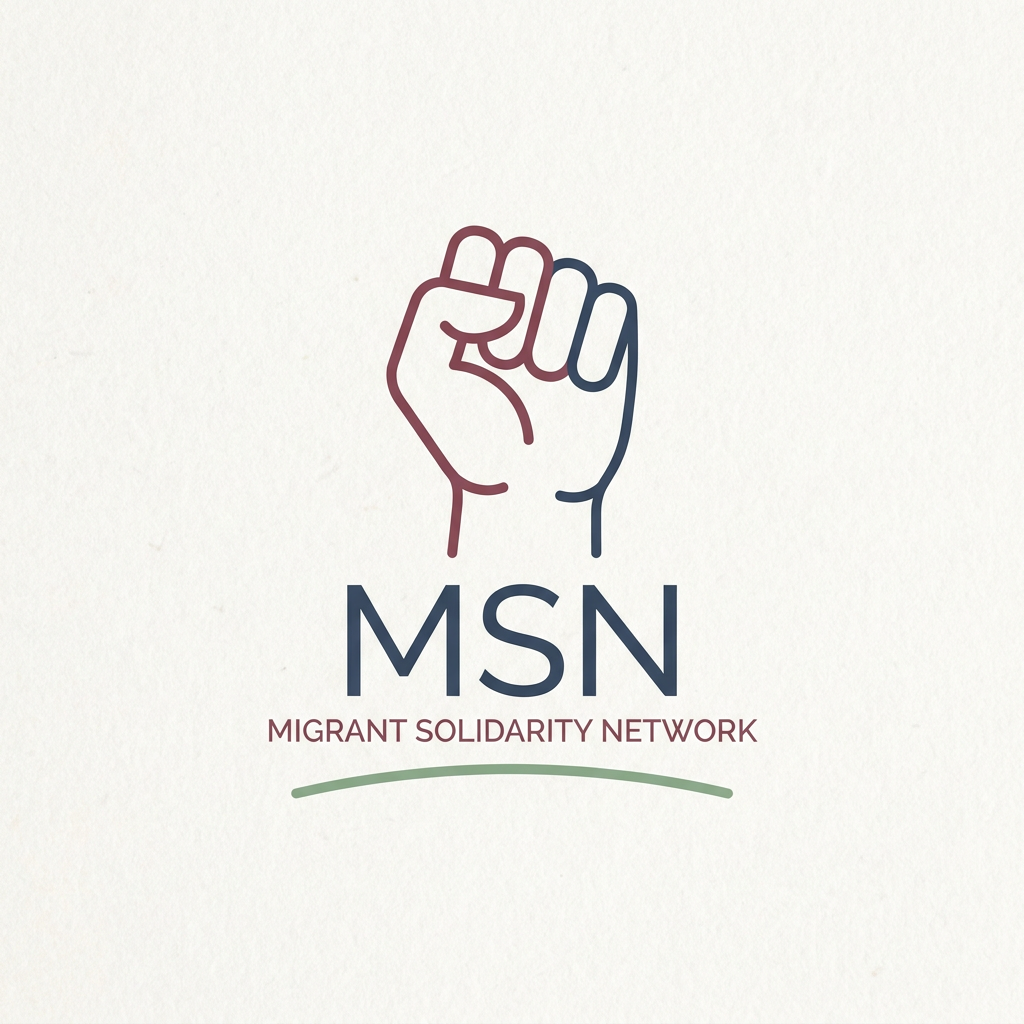 AI Design for a logo for migrant solidarity network - we work on migrant issues also called MSN- something more minimalist please - can use the activist workers fist -
remove the MSN on the nails - colours that can be used deep red dark ish blue white and green as the colours - sober pastel - has to be simple