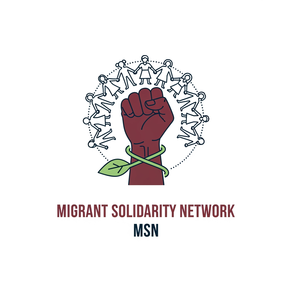 AI Design for a logo for migrant solidarity network - we work on migrant issues also called MSN- something more minimalist please - can be tracing along dotted lines - line art of people around the fist- simple - can use the activist workers fist -
remove the MSN on the nails - use maroon dark ish blue white and green as the colours - sober pastel