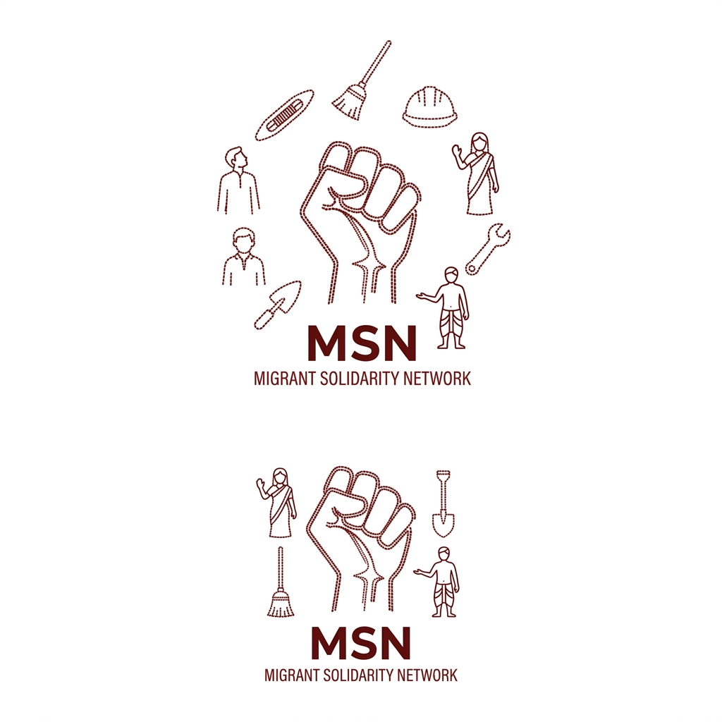 AI Design for dotted or line art workers indian in saree dhoti - this logo is simple and effective! Can we add some workers logo surround the fist maybe? so try workers and some workers logos - what can it be? like broomstick, construction equipment, etc - two types of designs please - around the first also someone without anything not all wworkers hold equipment