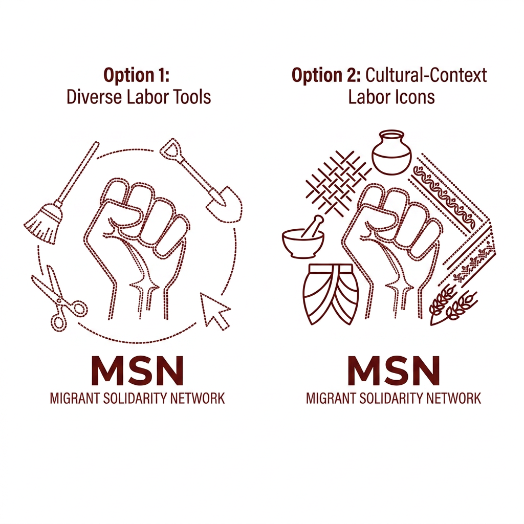 AI Design for dotted or line art workers indian in saree dhoti - this logo is simple and effective! Can we add some workers logo surround the fist maybe? so try workers and some workers logos - what can it be? like broomstick, construction equipment, etc - two types of designs please