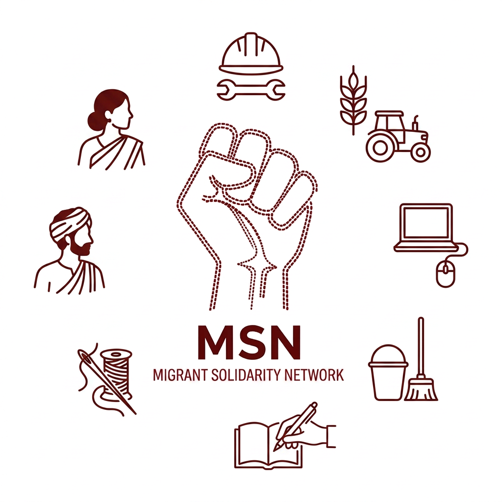 AI Design for dotted or line art workers indian in saree dhoti - this logo is simple and effective! Can we add some workers logo surround the fist maybe? so try workers and some workers logos - what can it be? like broomstick, construction equipment, etc - around the first also someone without anything not all wworkers hold equipment so either workers around the logo or equipments around the logo - laptop can also be there - pen can be there - with diff equipments