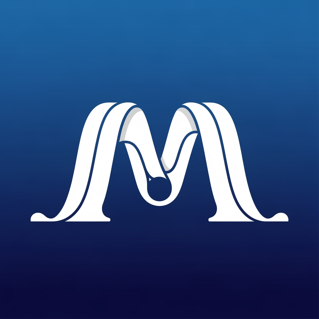 AI Design for Design an iconic app logo for MilkyWay, a milk collection management platform. Create a single continuous flowing ribbon that forms the letter M while simultaneously representing the route of milk traveling from farmers to a collection center. The ribbon should feel like liquid milk but remain geometric and highly simplified. A small central dot should act as the collection hub. Use clever negative space, perfect symmetry, strong silhouette recognition, and minimal vector construction. The logo must look world-class, similar to premium technology brands rather than agricultural businesses. No cows, no milk cans, no farms, no galaxy illustrations, no text. One bold memorable symbol only. White symbol on deep blue gradient background. App-store-ready icon. Award-winning branding. Instantly recognizable at 48px.