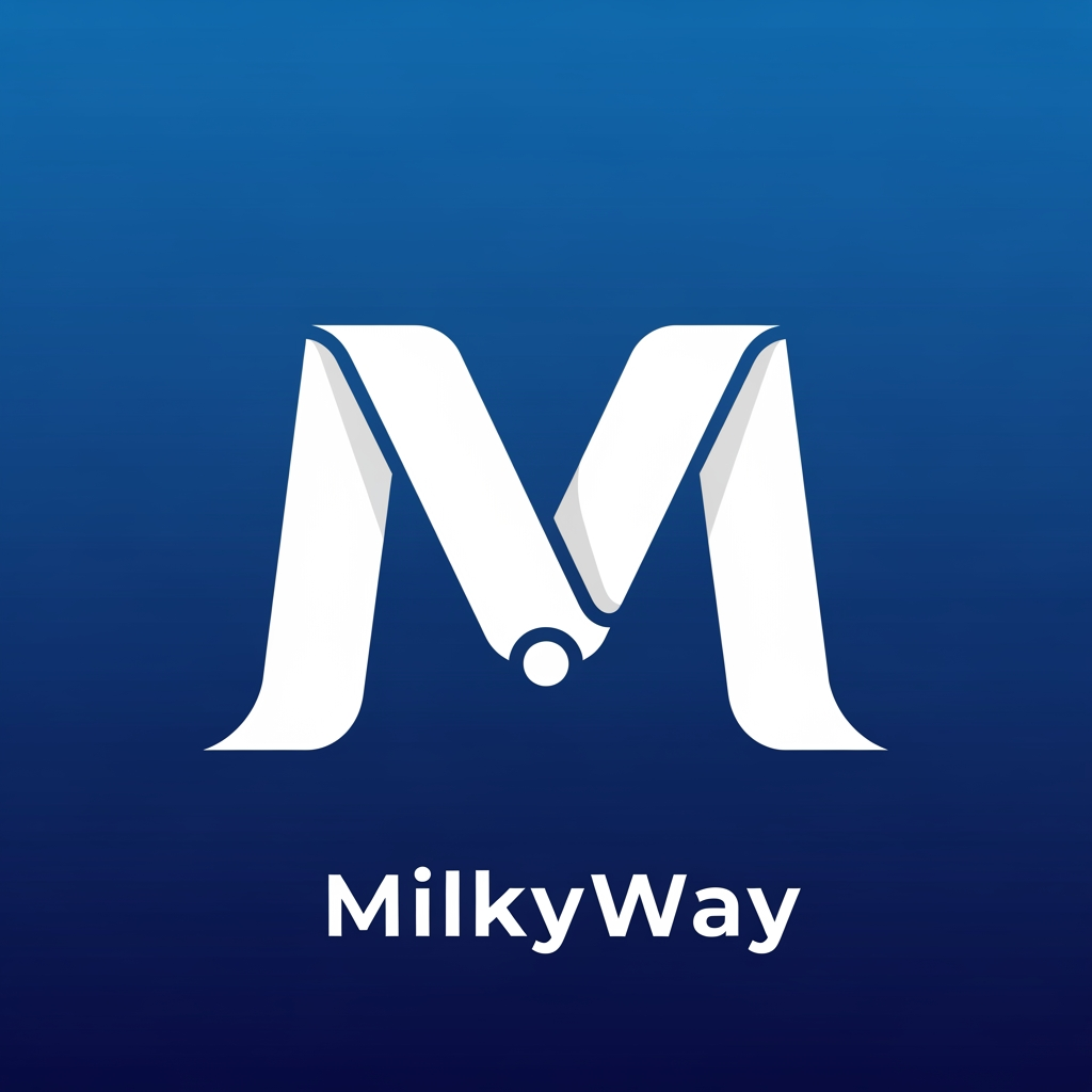 AI Design for Design an iconic app logo for MilkyWay, a milk collection management platform. Create a single continuous flowing ribbon that forms the letter M while simultaneously representing the route of milk traveling from farmers to a collection center. The ribbon should feel like liquid milk but remain geometric and highly simplified. A small central dot should act as the collection hub. Use clever negative space, perfect symmetry, strong silhouette recognition, and minimal vector construction. The logo must look world-class, similar to premium technology brands rather than agricultural businesses. No cows, no milk cans, no farms, no galaxy illustrations, no text. One bold memorable symbol only. White symbol on deep blue gradient background. App-store-ready icon. Award-winning branding. Instantly recognizable at 48px.
