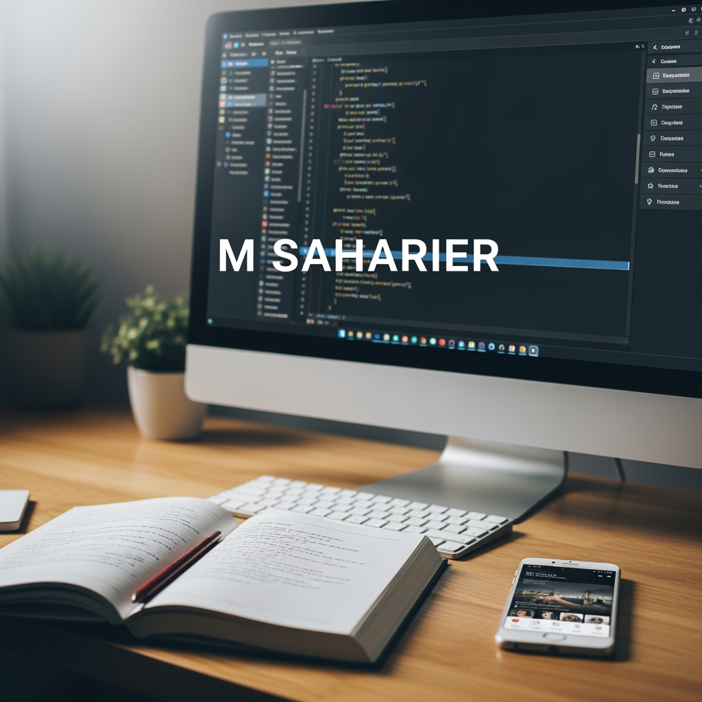 AI Design for amr fb id er nam hoilo je ( M SAHARIER ) ai name akta cober photo banai deo jekhane thakbe akta computer abong akta book avong akta fon