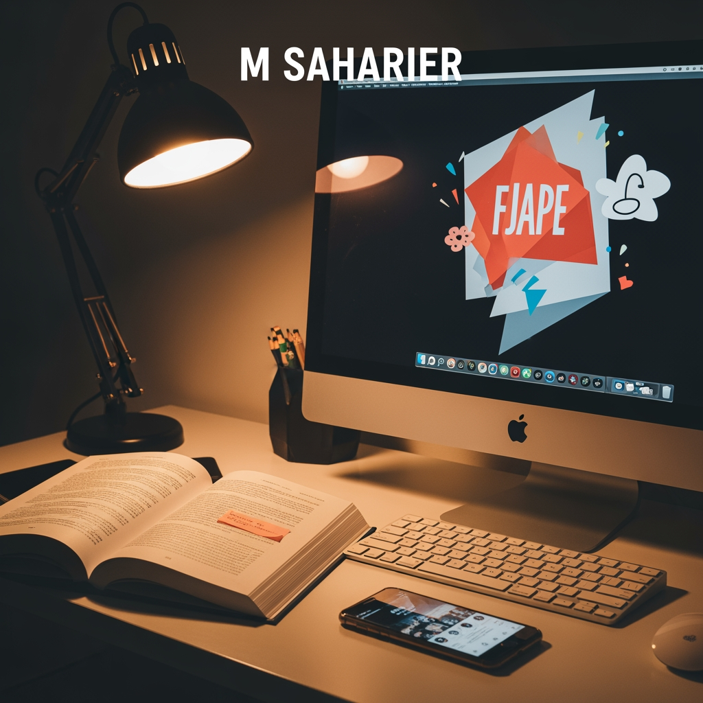 AI Design for amr fb id er nam hoilo je ( M SAHARIER ) ai name akta cober photo banai deo jekhane thakbe akta computer abong akta book avong akta fon