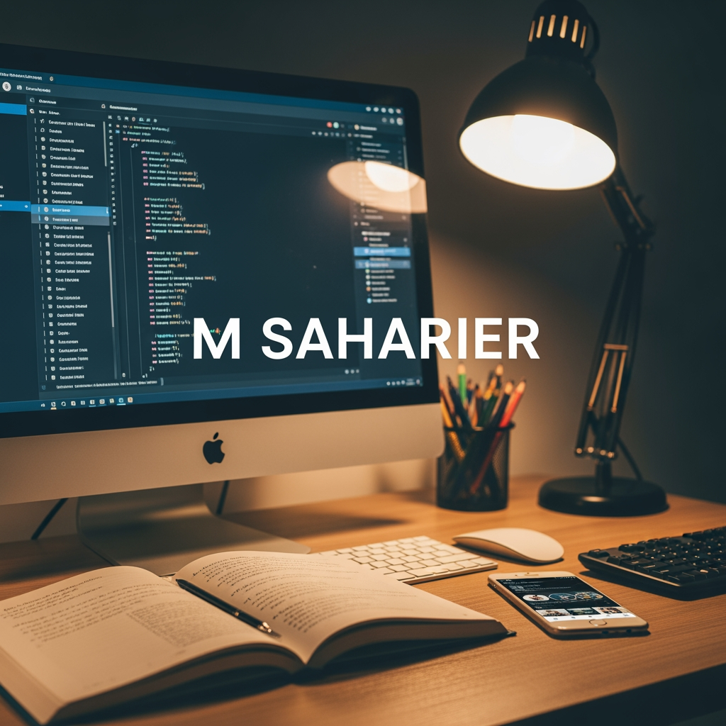 AI Design for amr fb id er nam hoilo je ( M SAHARIER ) ai name akta cober photo banai deo jekhane thakbe akta computer abong akta book avong akta fon