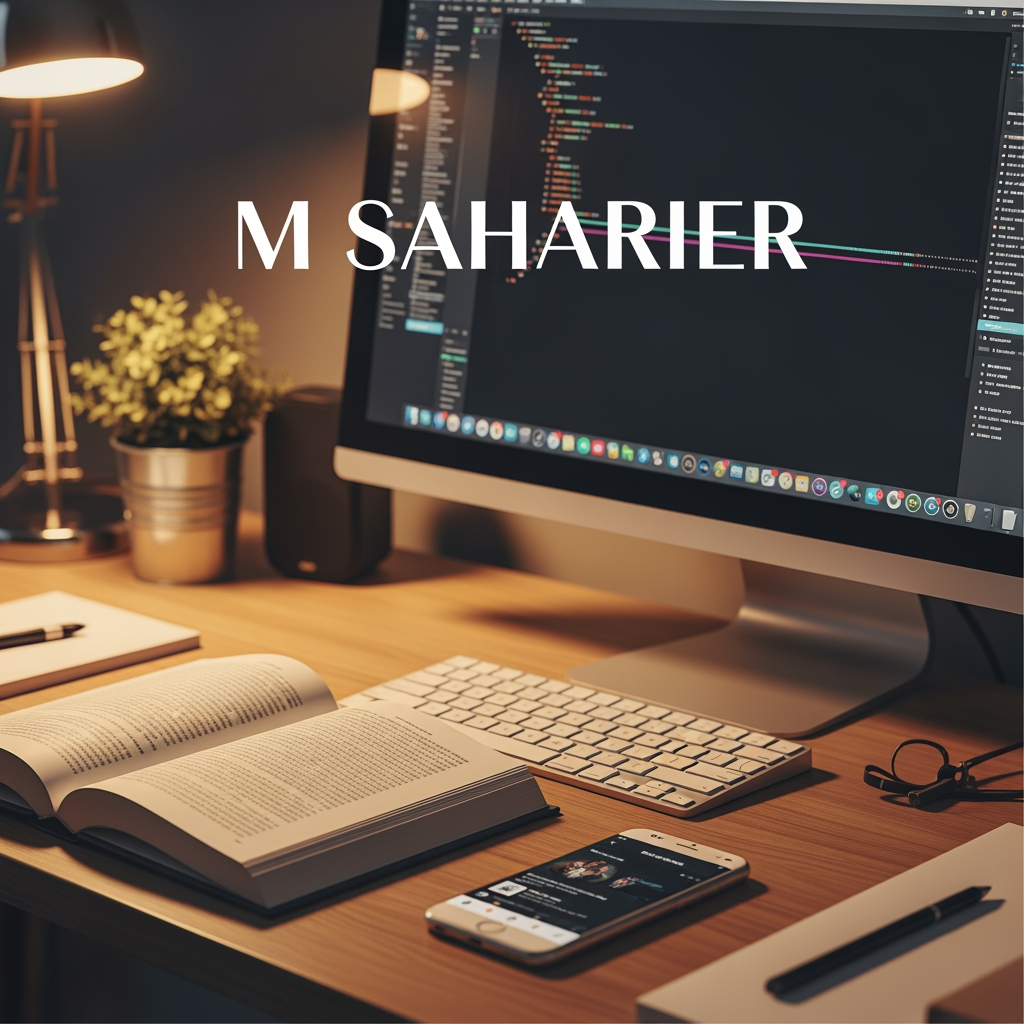 AI Design for amr fb id er nam hoilo je ( M SAHARIER ) ai name akta cober photo banai deo jekhane thakbe akta computer abong akta book avong akta fon
