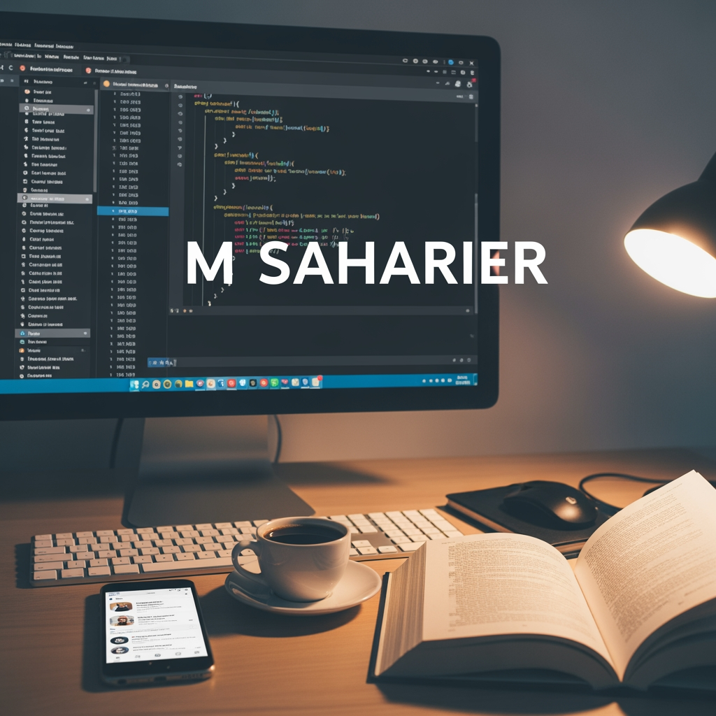 AI Design for amr fb id er nam hoilo je ( M SAHARIER ) ai name akta cober photo banai deo jekhane thakbe akta computer abong akta book avong akta fon