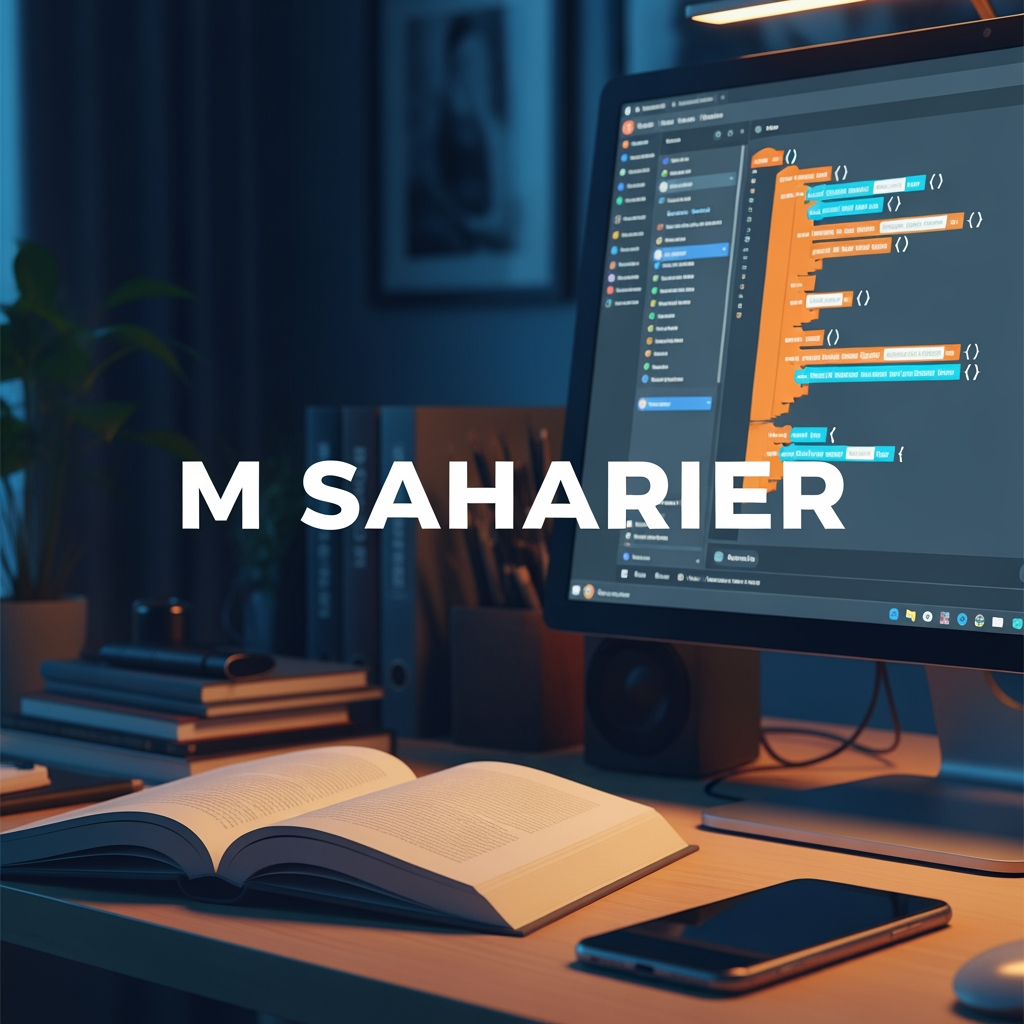 AI Design for amr fb id er nam hoilo je ( M SAHARIER ) ai name akta cober photo banai deo jekhane thakbe akta computer abong akta book avong akta fon