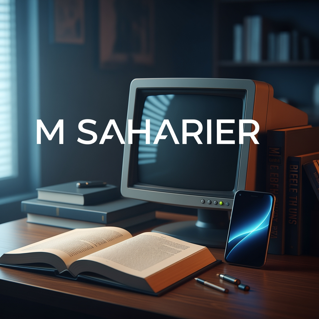 AI Design for amr fb id er nam hoilo je ( M SAHARIER ) ai name akta cober photo banai deo jekhane thakbe akta computer abong akta book avong akta fon