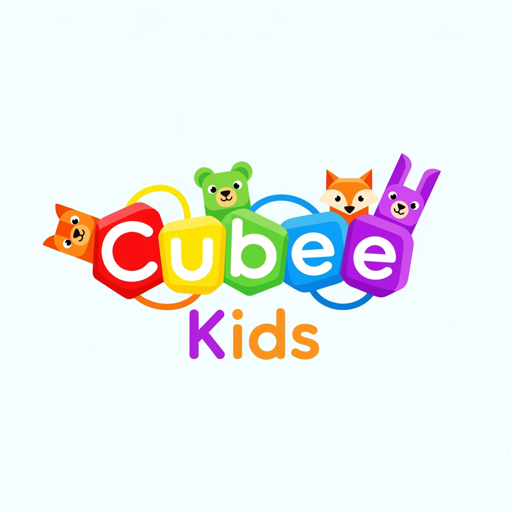 AI Design for create logo for cubee kids. make spelling and logo togather