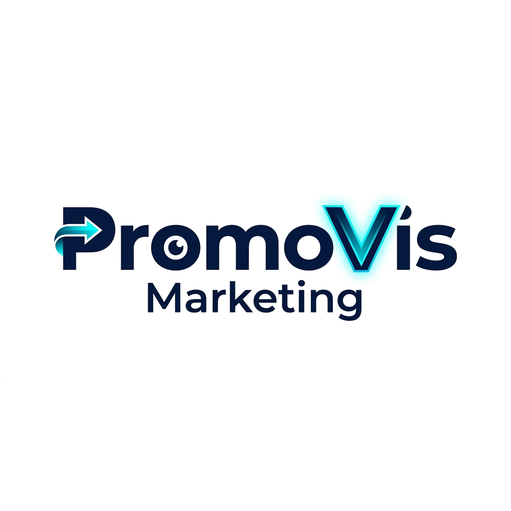 AI Design for A sophisticated and modern typographic logo for 'PromoVis Marketing'. The design features clean, minimalist sans-serif lettering with subtle geometric adjustments to the letterforms to imply motion and visibility. The color palette uses a professional combination of deep navy and electric cyan, set against a pristine white background with sharp, crisp edges and high-end vector aesthetics.
