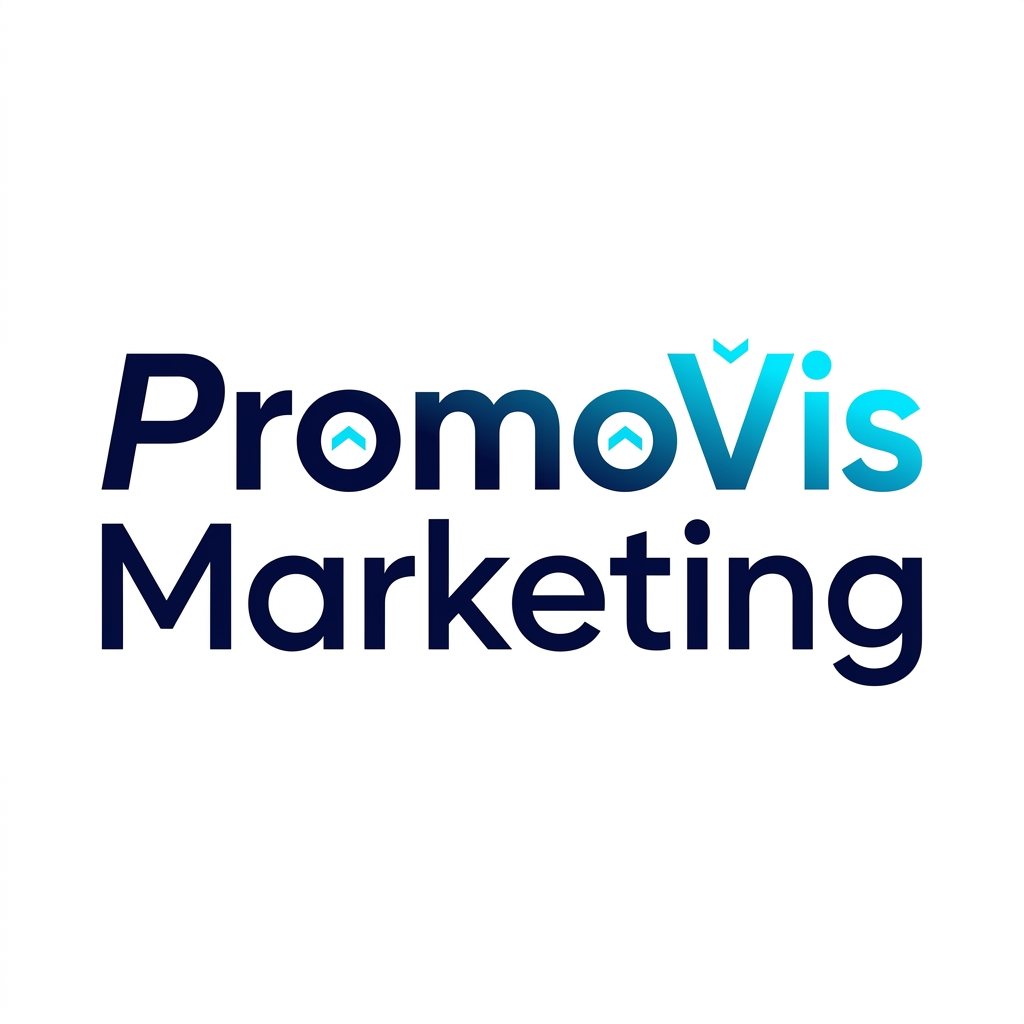 AI Design for A sophisticated and modern typographic logo for 'PromoVis Marketing'. The design features clean, minimalist sans-serif lettering with subtle geometric adjustments to the letterforms to imply motion and visibility. The color palette uses a professional combination of deep navy and electric cyan, set against a pristine white background with sharp, crisp edges and high-end vector aesthetics.